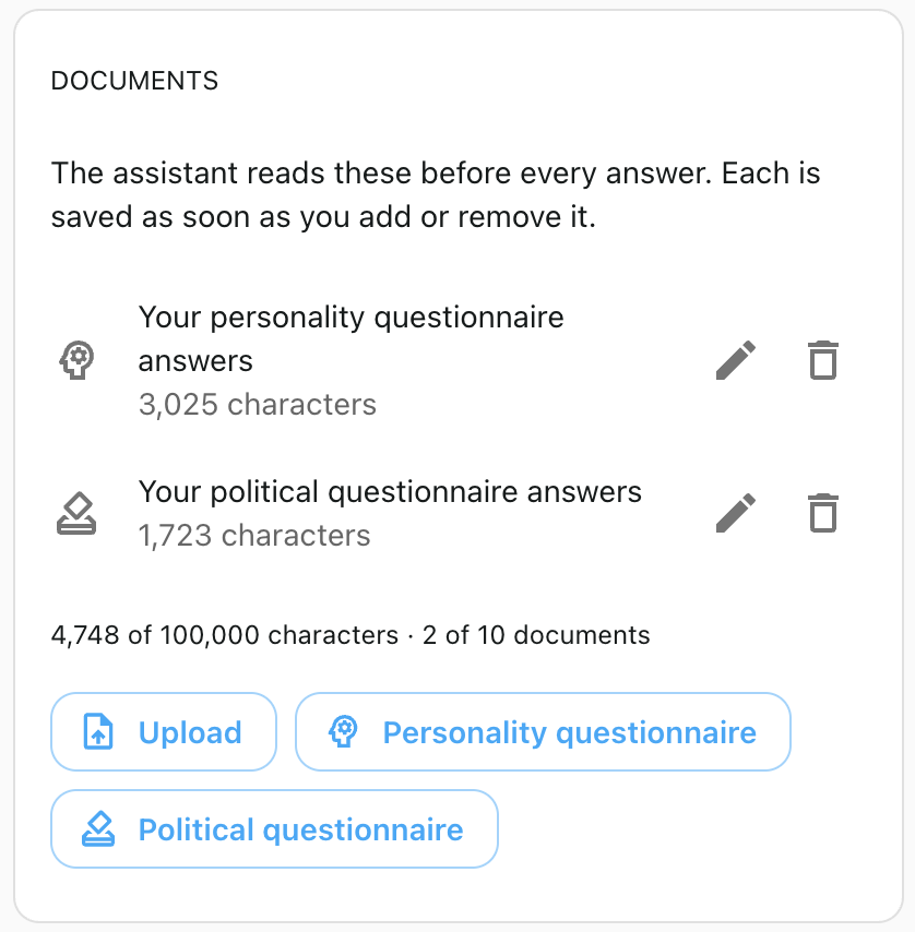 The Documents section of a custom assistant, listing the personality and political
              questionnaire answers, with buttons to upload a document or take the personality or
              political questionnaire.