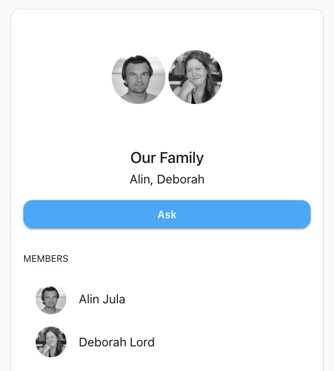 The Our Family council, with Alin and Deborah as its two members and an Ask button.