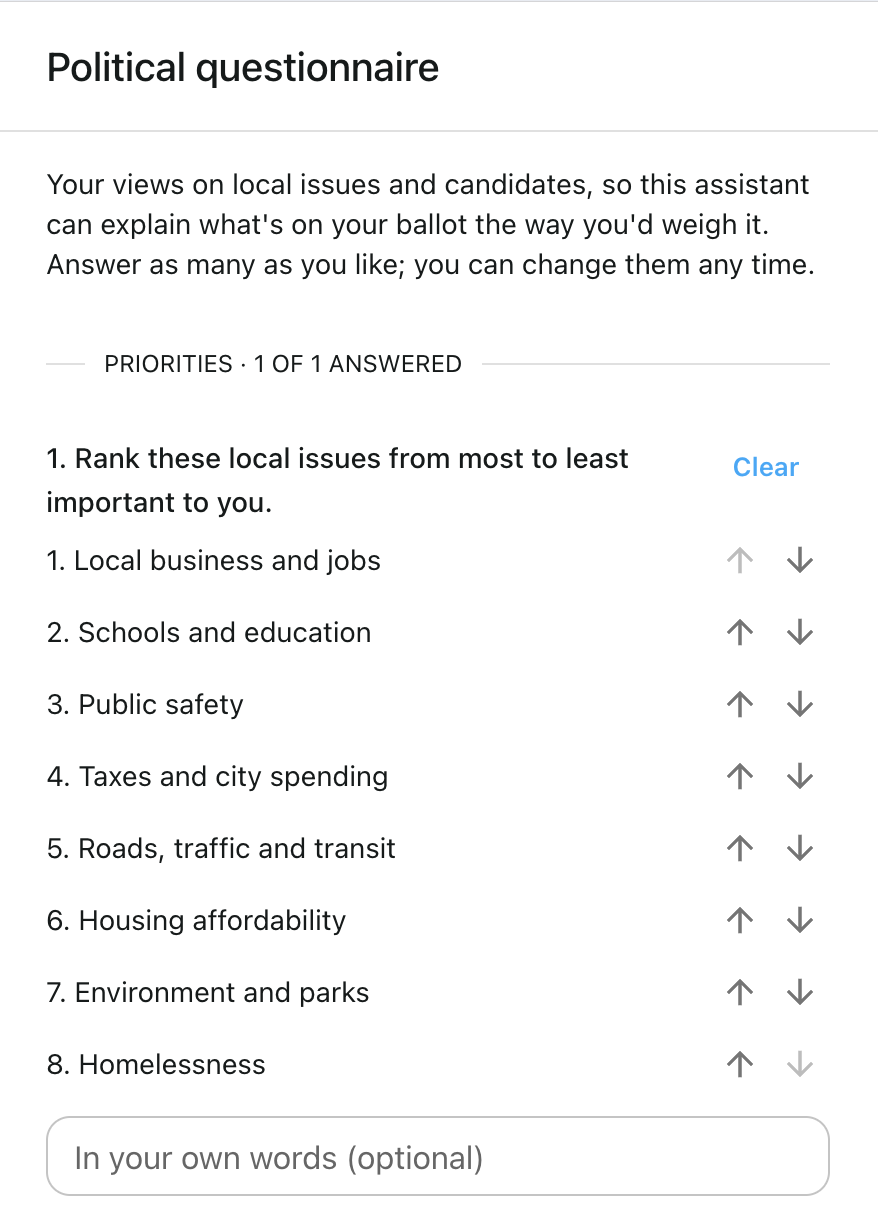 The political questionnaire. The first question ranks eight local issues, from
              local business and jobs to homelessness, with room to answer in your own words.